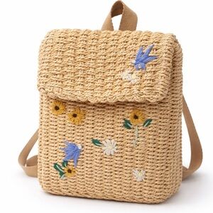 Zara Kids Raffia Floral Backpack Camel Brown Straw Mini Bag Girls